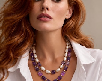 Set of 2 Amethyst and Freshwater Pearl Necklaces with Baroque Pearl Pendant, nb099