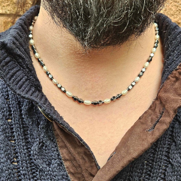 Mens Freshwater Pearl Necklace with Hematite, Pearl Necklace Men, Real Pearl Necklace for Men, Gifts for Men, Birthday Gift for Him