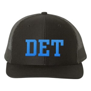 Richardson 112 Embroidered DET Hat, Detroit Snap Back, Detroit Trucker Hat, Detroit Mesh Hat Black, Detroit Adjustable Hat, Detroit Ball Cap