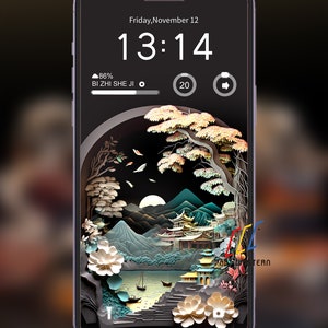 TZ03 / Hängende Gärten in japanischer Kunst Asien Stil Telefon Wallpaper, Original Design für Iphone Android Sperrbildschirm, 3D digitale Kunst Download