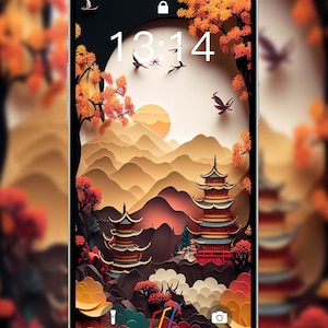 FC15 / Japanese Temple in Autumn of Phone Wallpaper, Original Design for Iphone Android Lock Screen, with 3D Effect digital art, Asia style