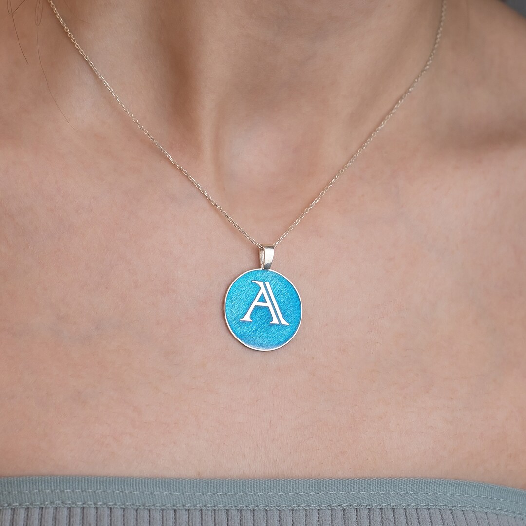 14K Gold Letter Necklaces Blue Enamel Letter Gold Necklace Etsy