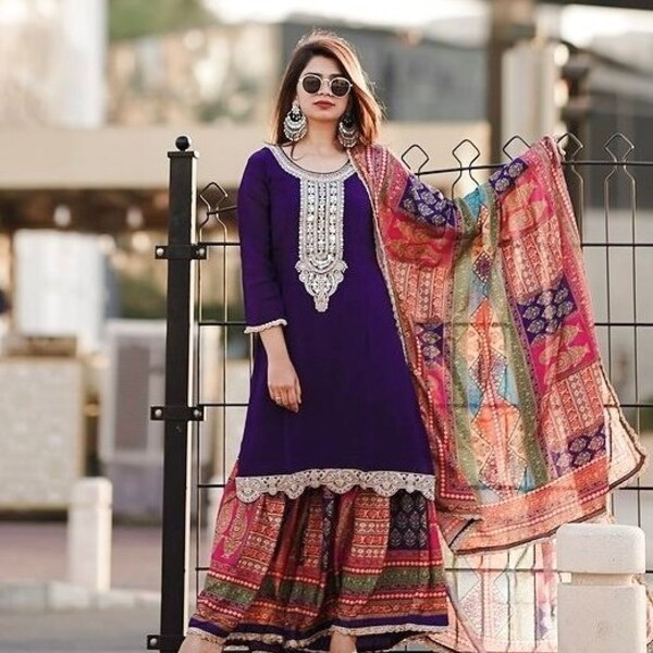 Off White Floral Printed Sequins Anarkali Kurta with Leggings and Dupatta Set