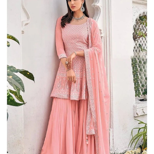 Beautiful Pink Kurta Sharara set Partywear, Heavy Embroidered & Sequence Work Kurta with Flared Palazzo / Sharara and Dupatta Readymade Suit