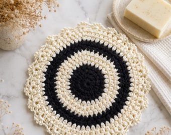 Turkish Handmade Crochet Soap Saver Bag, Cream Black Mandala Bath Scrubby, Eco Friendly Gift for Her, Minimalist Bathroom
