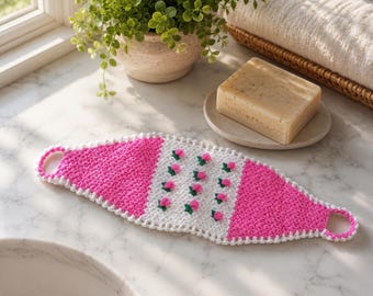 Handmade Crochet Soap Saver Bag, Pink Rose Floral Knit Soap Pouch, Eco Friendly Bath Accessory, Boho Bathroom Gift for Her