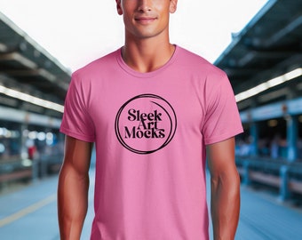 Heather Radiant Orchid Gildan 64000 T-shirt Mockup, Pink T-shirt, Styled T-shirt, Male T-shirt Mockup, Man Model Mockup, Guy Shirt Template