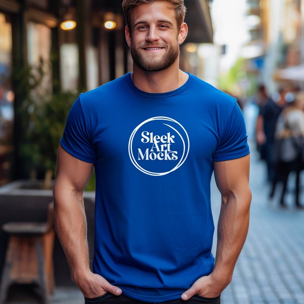 Royal Blue Gildan 64000 T-shirt Mockup, Blue T-shirt, Styled T-shirt Mock up, Male Tee shirt Mockup, Man Model Mockup, Guy shirt, Template