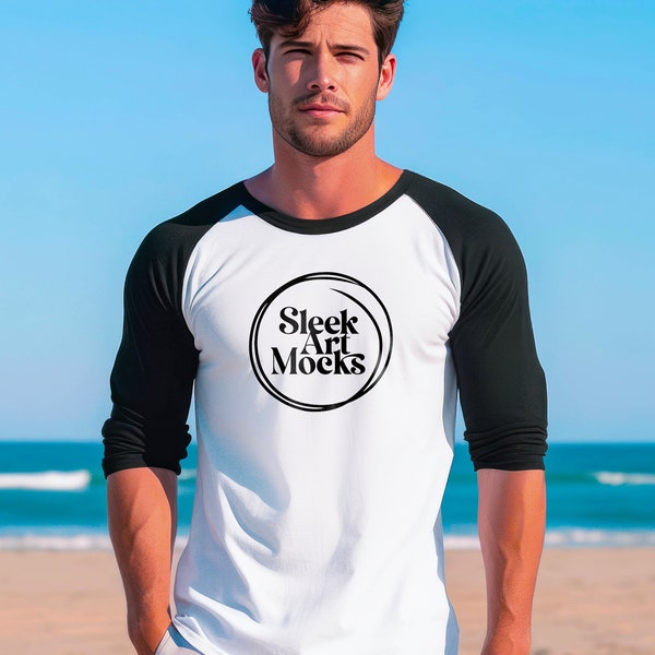 White & Black Raglan Baseball T-shirt Mockup, 3/4 Sleeve T-shirt Mockup, Male Tshirt Mockup, Man Model Mockup, Beach Raglan shirt Mock Up