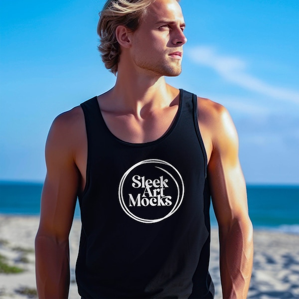 Black Bella Canvas 3480 Tank Top T-shirt Mockup, Black T-shirt, Male Tshirt Mockup, Man Model Mockup, Guy shirt mockup, Beach Resort Wear