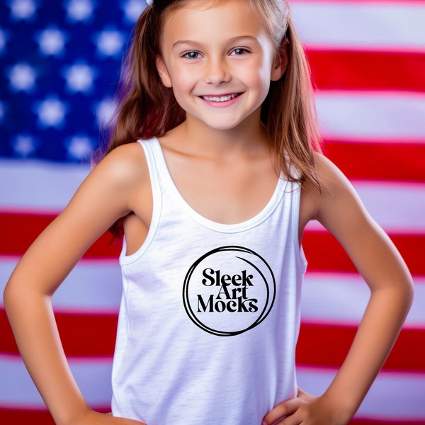 4th of July White Bella Canvas 3480 Tank Top Mockup, National Holiday, Kid T-shirt Mockup, American Flag, Girl tshirt Mockup Model, Toddler