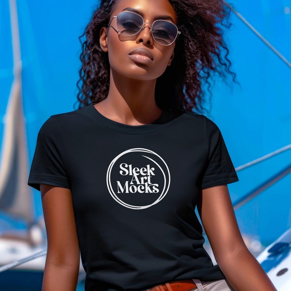 Mockup of a Woman wearing a Black Bella Canvas 3001 T-shirt, Female Model, Girl Styled Shirt Mockup, Nautical Tshirt w/ sailboat background