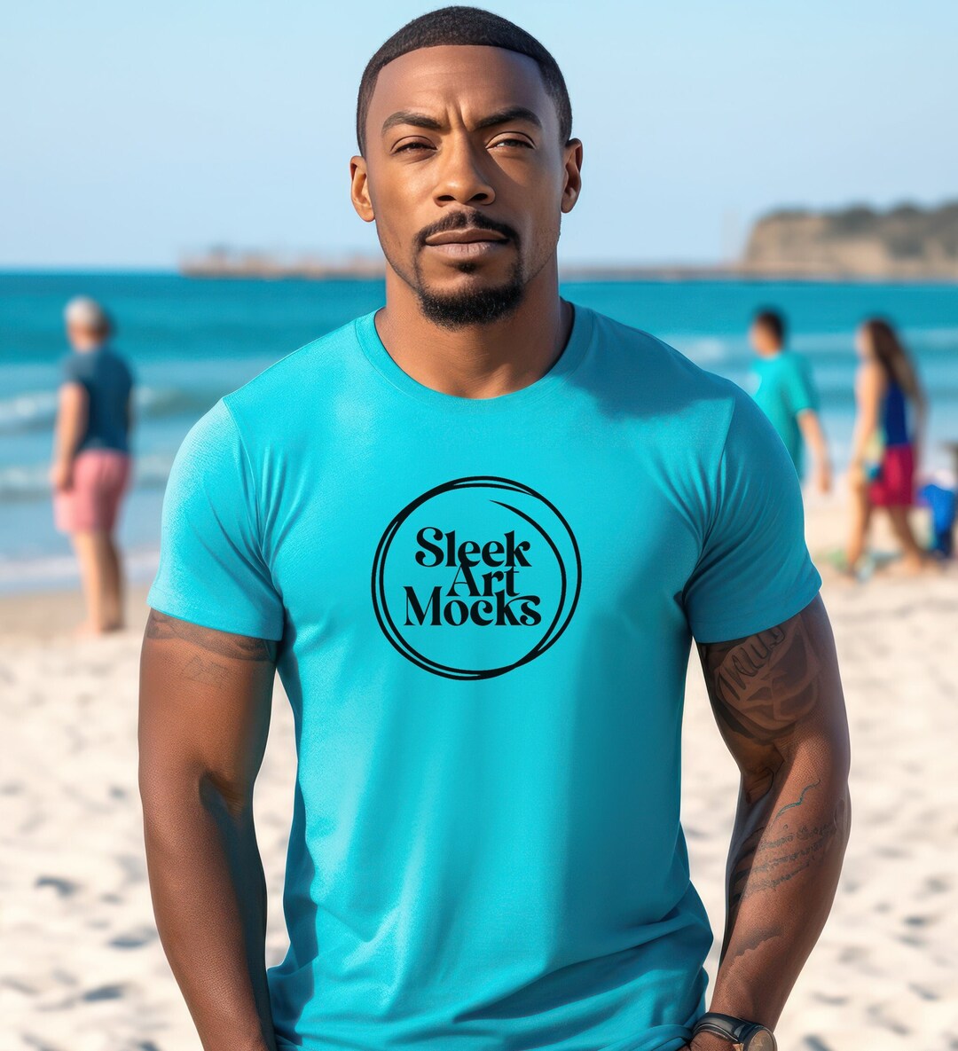 Turquoise Gildan 64000 T shirt Mockup Blue T shirt Styled Beach turquoise-gildan-64000-t-shirt-mockup-blue-t-shirt-styled-beach