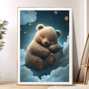 Cute Sleeping Bear Kawaii Style Drawing Gift Poster by Niks Shop