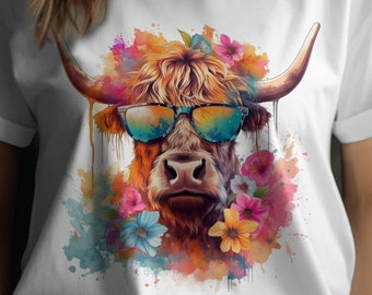 Highland Cow, Paint Splatter, T-Shirt Tee Highland Cow, Farm Animal T-Shirt Highland Cow Gift Mens Tshirt Unisex Women
