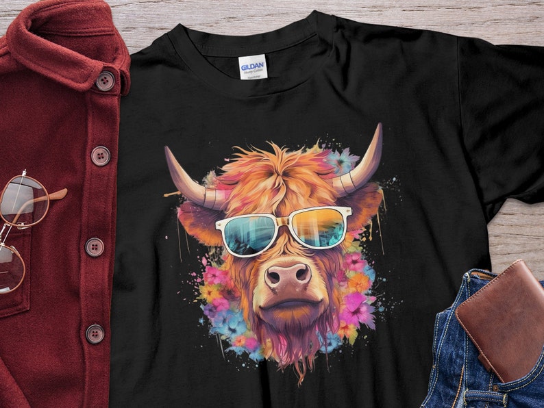 Women's Highland Cow Watercolour T-Shirt – Round Neck Short Sleeve Graphic Tee | Soft Polyester/Spandex Blend, Sizes S-6XL - View #11