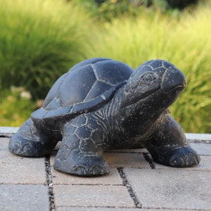 Große authentische Stein-Schildkröte 40cm schwarz antik Steinfigur Steinguss Garten-Deko frostfest