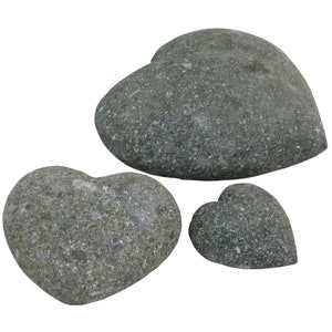 Può includere: Tre pietre a forma di cuore, fatte di roccia grigia macchiata. Le pietre sono di dimensioni diverse, con la pietra più grande sullo sfondo e la pietra più piccola in primo piano.