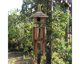 Carillon à vent original en bambou de Bali avec petit nichoir, 30/100 cm, carillon et décoration pour le jardin, la terrasse ou le balcon