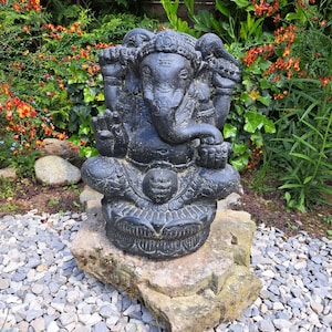 Statua di Ganesha, 40 cm, statua in pietra, pietra fusa, nero anticato, decorazione da giardino, resistente al gelo