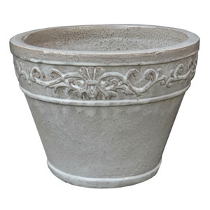 Pflanzgefäß Blumentopf Pflanzkübel Lunel Ø 41cm H 31cm grauweiß glasiert frostfest traditionelle Handarbeit aus Vietnam