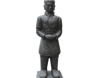 Guerriero cinese XL, Esercito di terracotta, 200 cm, Figura in pietra, Pietra fusa, Nero antico, Figura decorativa da giardino, Resistente al gelo