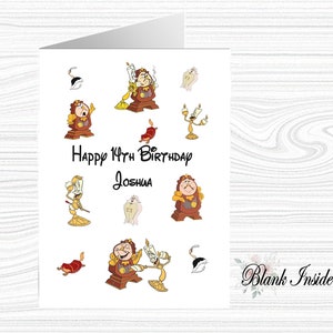 Biglietto d'auguri personalizzato "Lumiere e Tockins ~ La bella e la bestia" in formato A5 ~ per qualsiasi occasione, relazione, età.