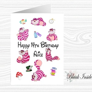 Personalised Printed "Cheshire Cat~ Alice in Wonderland" A5 Greeting Card ~ Any Occassion, Relation, Age.