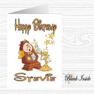 Biglietto d'auguri personalizzato "COGSWORTH & LUMIERE ~ La bella e la bestia" in formato A5 ~ per qualsiasi occasione, relazione, età.