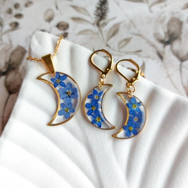 Moon jewelry set with forget-me-not, gold-plated earrings and pendant with real dried flowers, teacher thank you gift