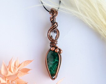 Double Stone Necklace with Malachite and Clear Quartz, Earthy Tone Pendant with Natural Crystals, One-of-a-Kind Gift for Her