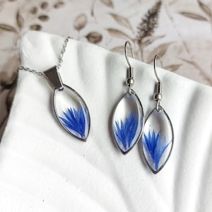 Marquise Floral Jewelry Set, Real Blue Cornflower Earrings and Pendant on a Chain, Stylish Retirement Gift Idea for Her