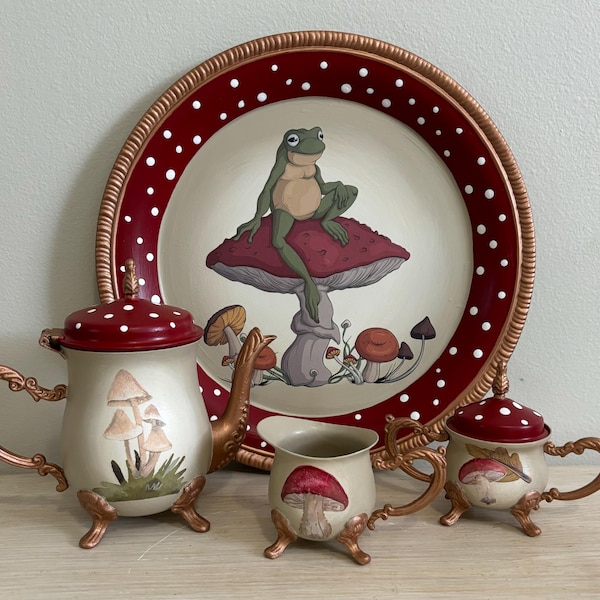 Cottagecore tea set, Hand painted tea set, Mini tea set, Child sized tea set, mushroom tea set, Baby shower, Birthday, Nursery, gift