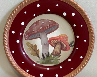 Mushroom ring dish, mushroom trinket dish, Upcycled silver dish, hand painted, cottage core, gift for her, mushroom jewelry dish, mini plate