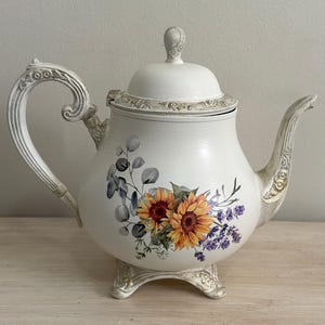 Sunflower teapot, painted silver teapot, floral teapot, decorative teapot, hand painted teapot, upcycled, gift for her, french country, chic