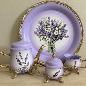 Hand painted tea set, Mini tea set, Child sized tea set, Baby Shower, First Birthday, Upcycled, Gift for her, floral tea set, lavender