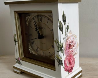 Upcycled clock, mantle clock, French country clock, shabby chic clock, hand painted, floral clock, rose clock, gift for her, pretty clock