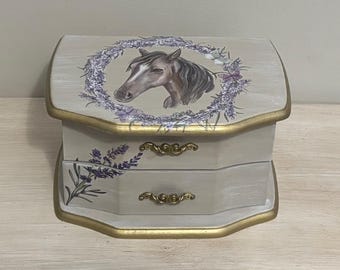 Horse jewelry box, tabletop jewelry box, painted jewelry box, upcycled, vintage, floral, lavender, gift for her, one of a kind, pretty