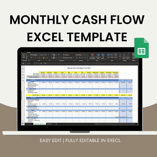 Monthly Cash Flow Excel Template | Easy Edit | Master Your Finances with Monthly Cash Flow Template for Excel