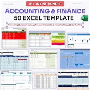 Puede incluir: Un collage de 50 plantillas de Excel para contabilidad y finanzas. Las plantillas incluyen una variedad de temas como el seguimiento de gastos, las finanzas personales, el flujo de caja, las ganancias y pérdidas, y el seguimiento de Excel. Las plantillas están diseñadas para ayudar a los usuarios a administrar sus finanzas y tomar decisiones informadas.