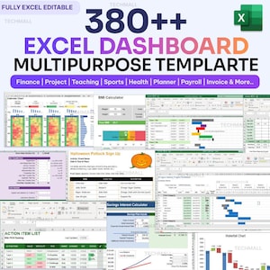 May include: A digital graphic displaying an Excel dashboard template with the text "380++ Excel Dashboard Multipurpose Template." The template includes various charts and calculators for finance, project management, and more. The image also includes the text "Fully Excel Editable."