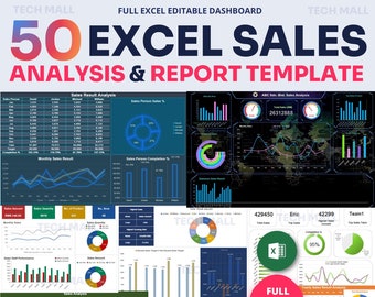 50 modèles de rapport de vente et de tableau de bord d'analyse - modifiables dans Excel et entièrement personnalisables (format A4)