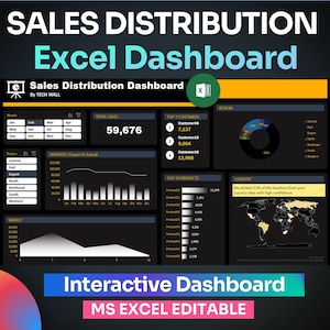 Puede incluir: Un panel de control de Excel con tema oscuro que muestra datos de distribución de ventas. El panel incluye gráficos y tablas que muestran las ventas totales, los principales clientes, los principales productos y los datos regionales. El texto incluye "Sales Distribution Dashboard" e "Interactive Dashboard".