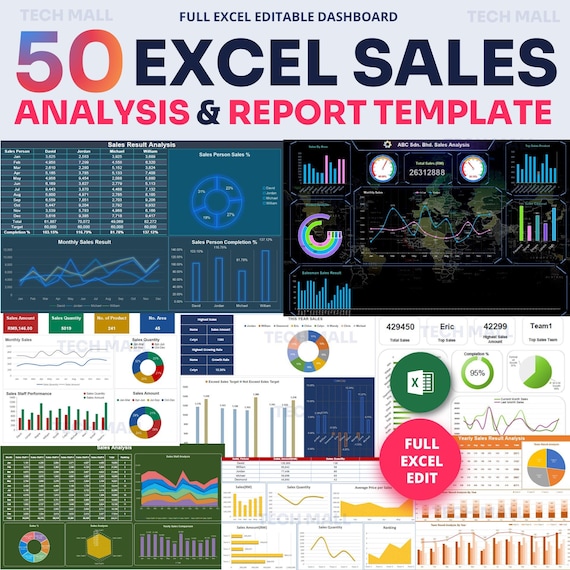 50 Excel Sales Report Templates: Analysis Dashboard (A4)