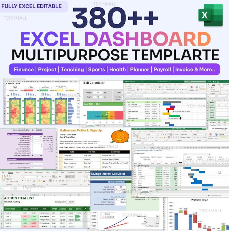 May include: A digital graphic showcasing an Excel dashboard template with the text "380++ Excel Dashboard Multipurpose Template." The template includes various charts and calculators for finance, project management, and more. The image also includes the text "Fully Excel Editable."