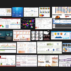K&ouml;nnte beinhalten: Eine Sammlung von bunten Datenvisualisierungen und Diagrammen, die auf einem Computerbildschirm angezeigt werden. Die Diagramme umfassen Balkendiagramme, Liniendiagramme, Kreisdiagramme und Karten. Die Diagramme sind in einem Rasterlayout angeordnet und mit Titeln und Beschreibungen beschriftet.