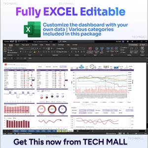 K&ouml;nnte beinhalten: Ein Screenshot eines Computerbildschirms, der eine Excel-Tabelle mit einem Dashboard mit Finanzdaten zeigt. Das Dashboard enth&auml;lt Diagramme, Grafiken und Tabellen. Das Dashboard ist mit Ihren eigenen Daten anpassbar. Der Text "Fully EXCEL Editable" wird in gro&szlig;en, fetten Buchstaben oben auf dem Bildschirm angezeigt. Der Text "Get This now from TECH MALL" wird unten auf dem Bildschirm angezeigt.