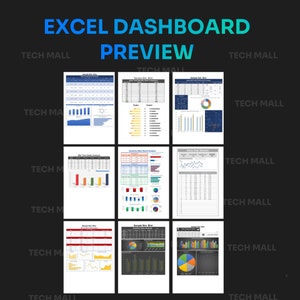 May include: A colorful Excel dashboard preview with charts and graphs showing sales data, including a pie chart, bar graphs, and line graphs. The dashboard is titled "Excel Dashboard Preview" and includes the text "Tech Mall" repeated throughout the image.