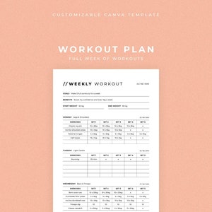 Könnte beinhalten: Eine anpassbare Vorlage für einen Trainingsplan mit rosa Hintergrund. Die Vorlage enthält einen wöchentlichen Trainingsplan mit Zielen, Vorteilen, Start- und Endgewicht, Übungen, Sätzen und Wiederholungen. Die Vorlage soll Menschen helfen, ihren Fitnessfortschritt zu verfolgen.