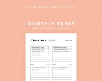 Printable Monthly Task List Template, Canva Editable (Digital Download)
